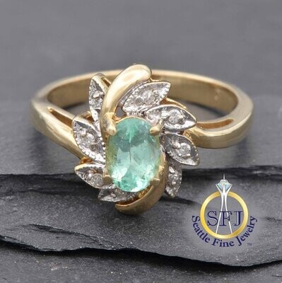 Emerald and Diamond Floral Halo Ring, Solid Yellow Gold