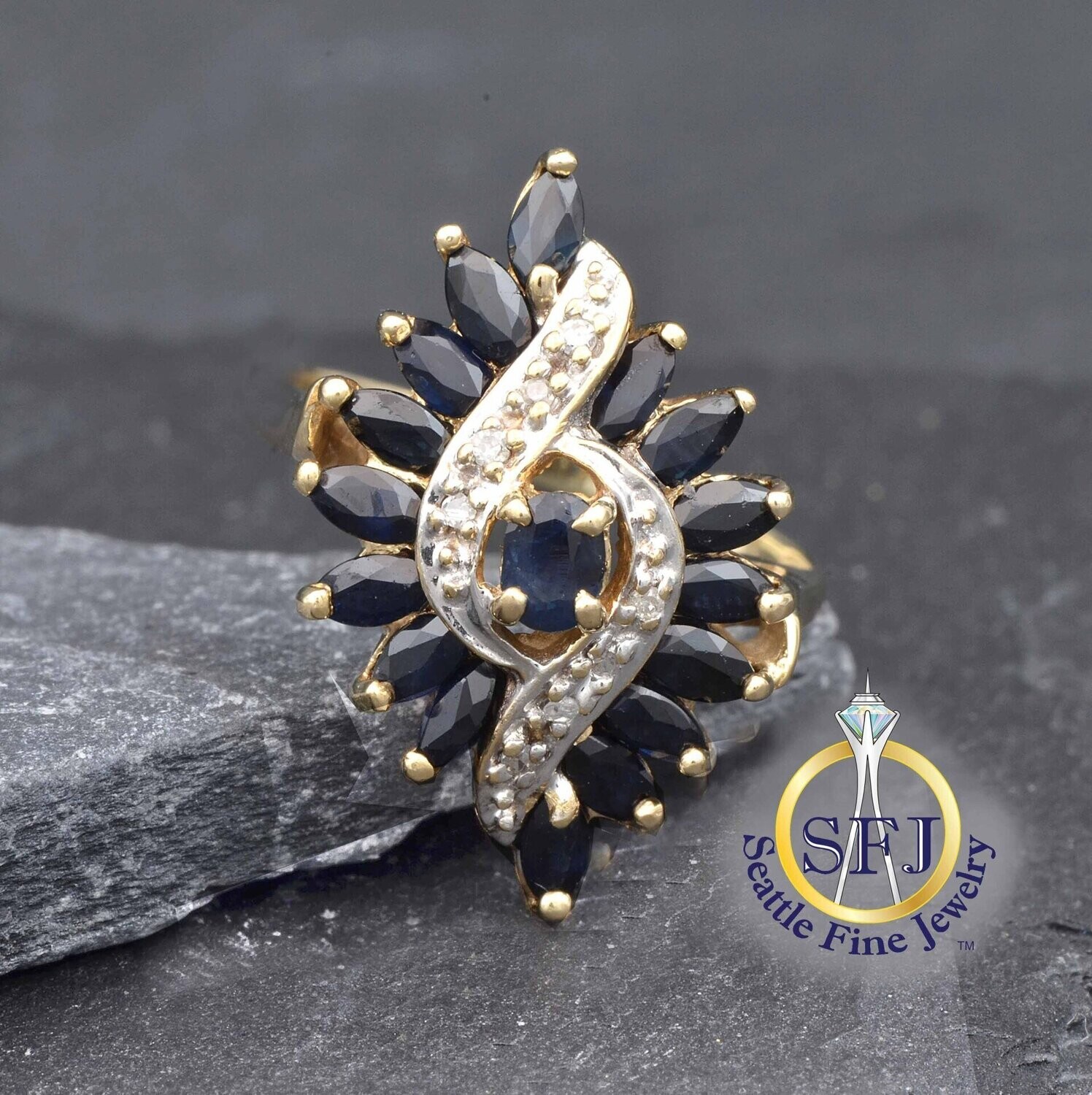 Sapphire and Diamond Marquise Cluster Ring, Solid 10K Yellow Gold