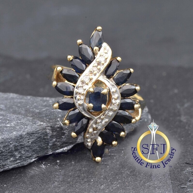 Sapphire and Diamond Marquise Cluster Ring, Solid 10K Yellow Gold