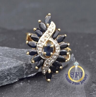 Sapphire and Diamond Marquise Cluster Ring, Solid Yellow Gold