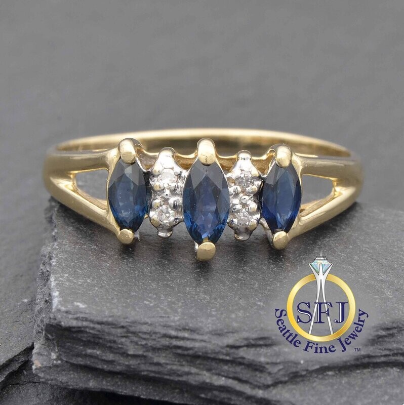 Marquise Sapphire 3-Stone Ring with Diamond Accents, Solid 14K Yellow Gold