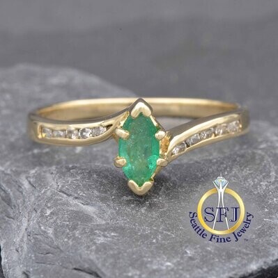 Marquise Emerald and Diamond Bypass Ring, Solid 14K Yellow Gold