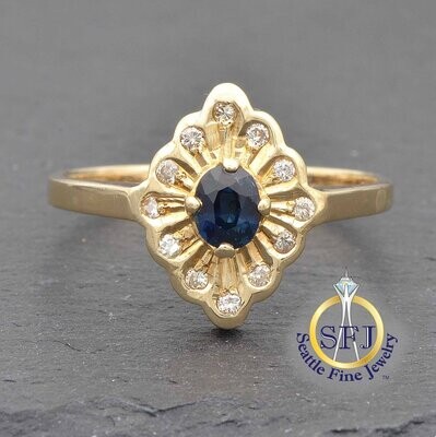 Sapphire and Diamond Harlequin Fluted Halo Ring, Solid 14K Yellow Gold