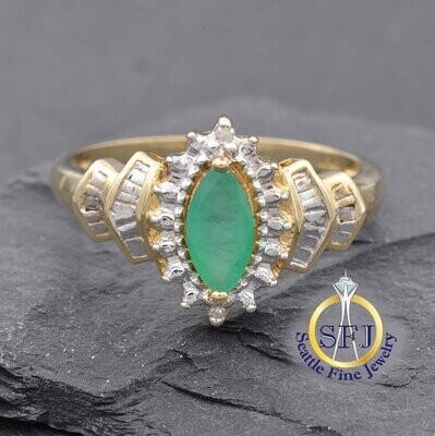 Marquise Emerald and Diamond Halo Ring, Solid Yellow Gold