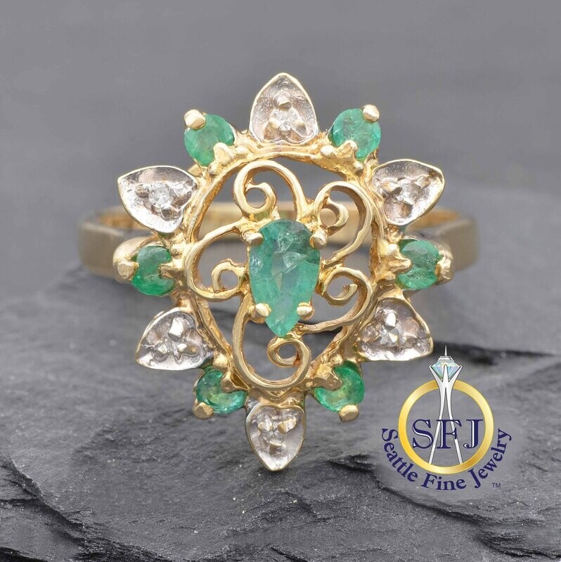 Emerald and Diamond Filigree Pear Halo Ring, Solid 10K Yellow Gold