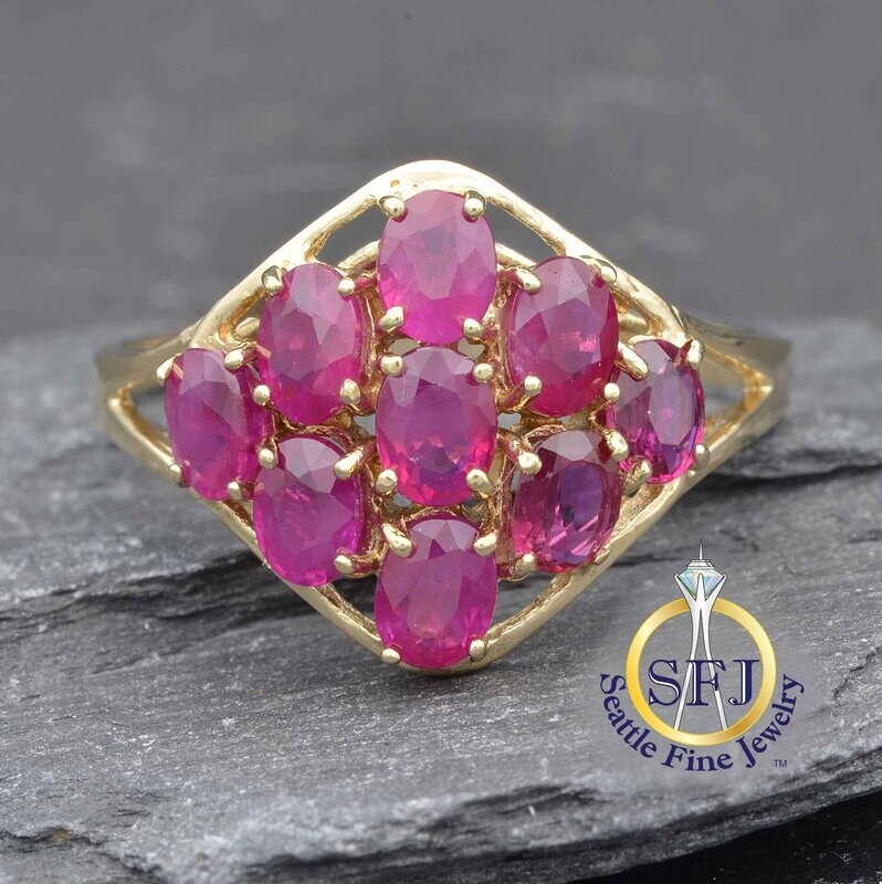 Ruby Harlequin Cluster Ring, Solid 10K Yellow Gold