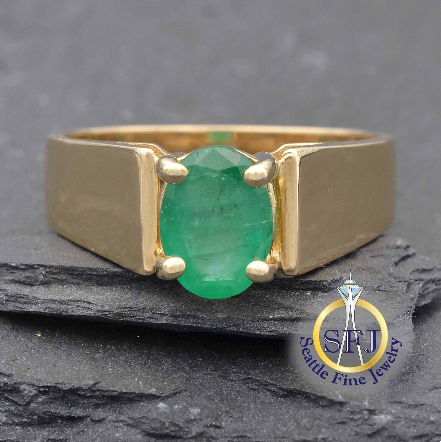 Emerald Solitaire Cathedral Ring, Solid 14K Yellow Gold