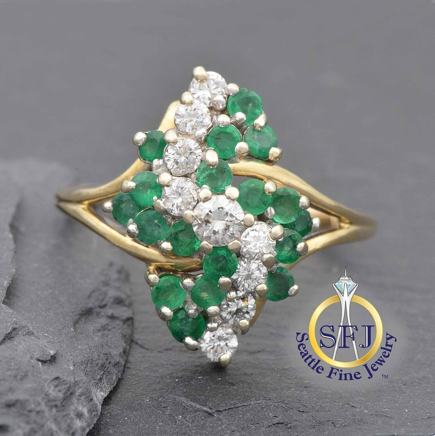 Emerald and Diamond S-Curve Cluster Ring, Solid 14K Yellow Gold