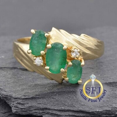 Emerald 3-Stone Ring with Diamond Accents, Solid 14K Yellow Gold