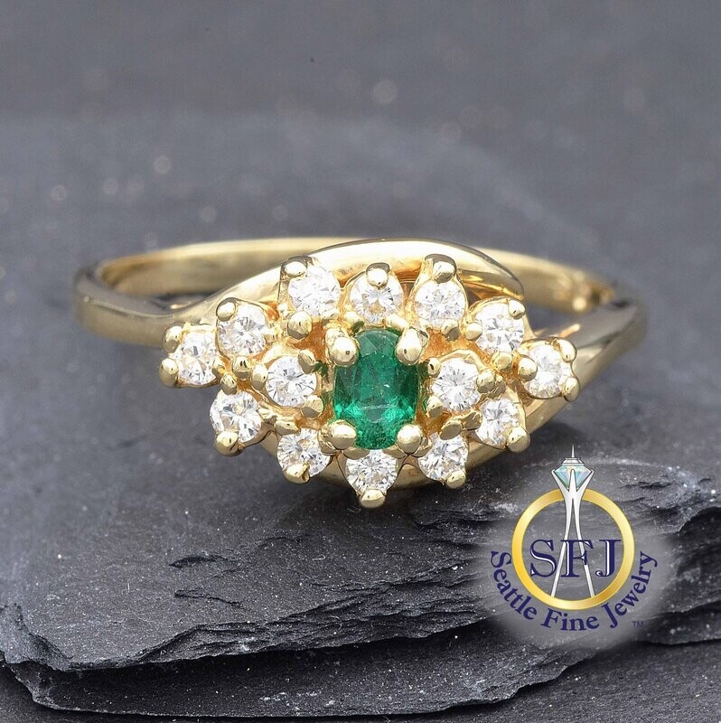 Emerald and Diamond Halo Ring, Solid 14K Yellow Gold