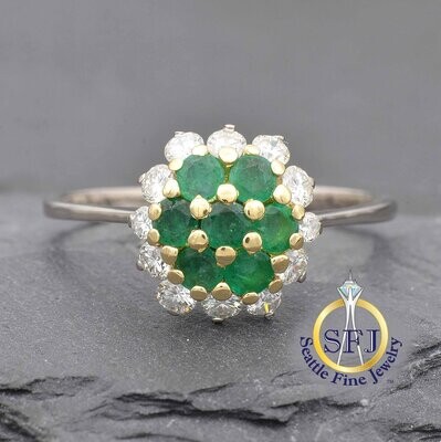 Emerald and Diamond Cluster Halo Ring, Solid 18K White Gold