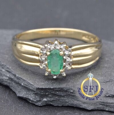 Emerald and Diamond Halo Ring, Solid Yellow Gold