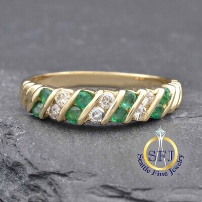 Emerald and Diamond Band Ring, Solid 14K Yellow Gold
