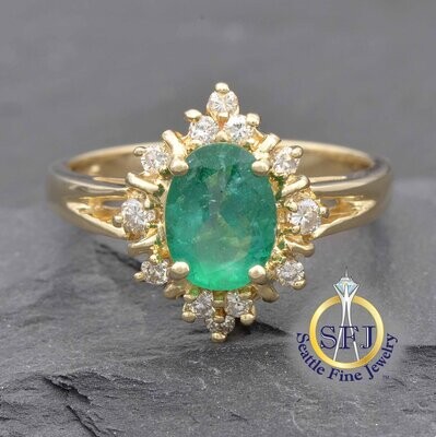 Emerald and Diamond Pointed Halo Ring, Solid 14K Yellow Gold