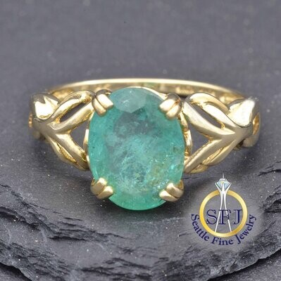 Emerald Solitaire Botanical Ring, Solid 14K Yellow Gold