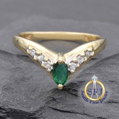 Marquise Emerald and Diamond Chevron Ring, Solid 14K Yellow Gold