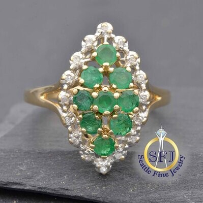 Emerald and Diamond Marquise Cluster Halo Ring, Solid 14K Yellow Gold