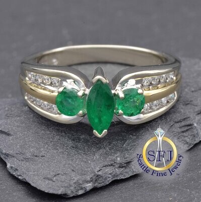 Marquise Emerald Diamond Ring, Solid 14K White & Yellow Gold