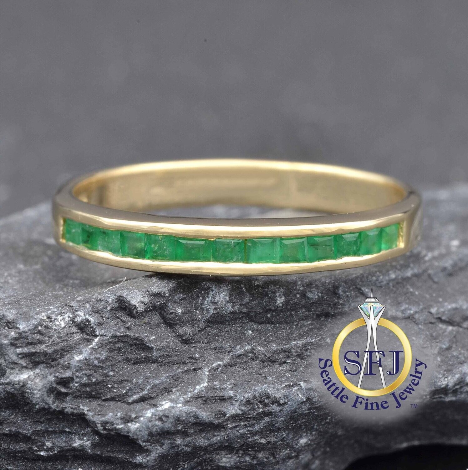 Emerald Band Ring, Solid 14K Yellow Gold