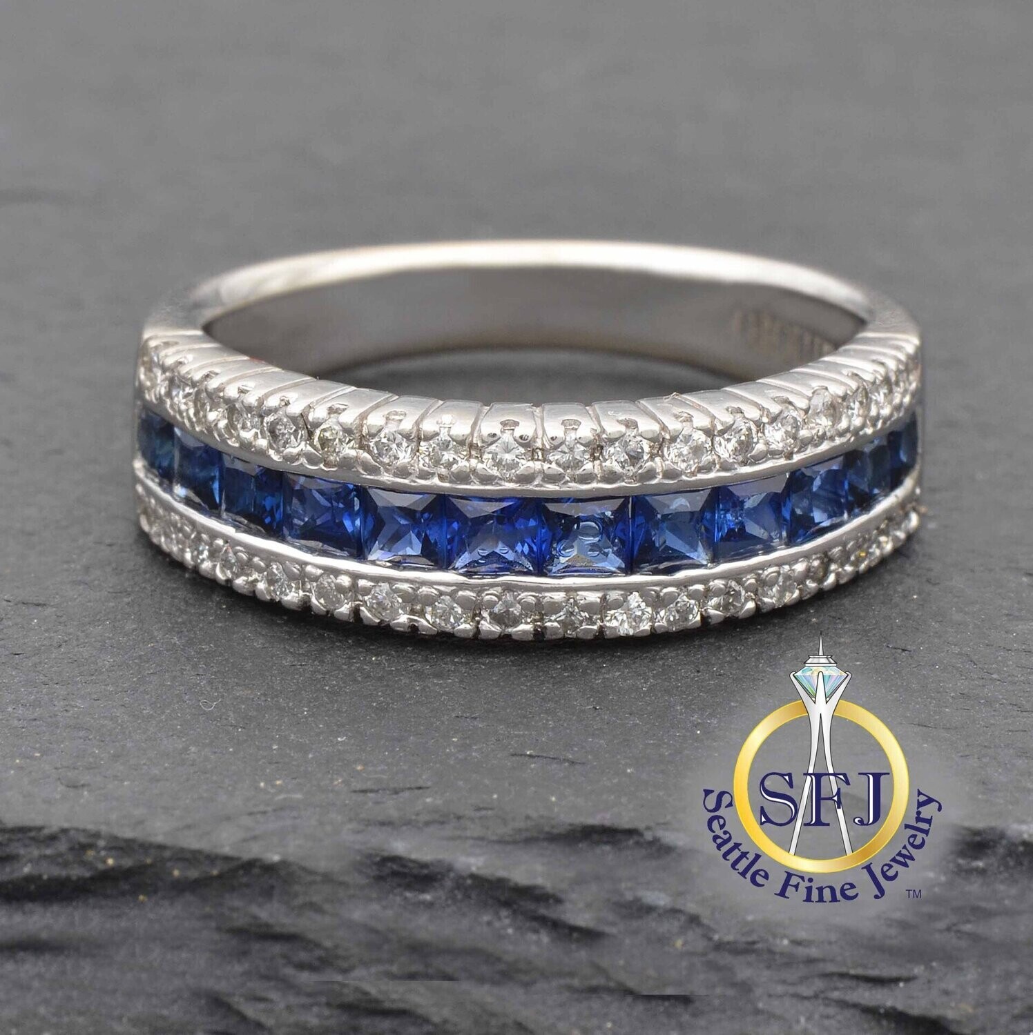 Sapphire and Diamond Band Ring, Solid 14K White Gold