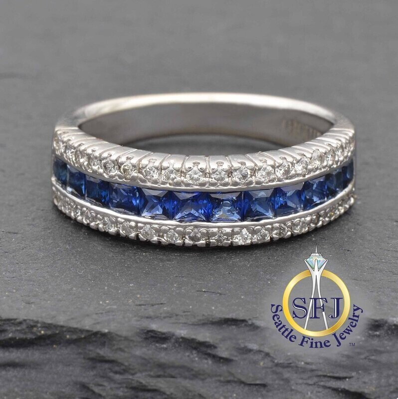 Sapphire and Diamond Triple-Row Band Ring, Solid 14K White Gold