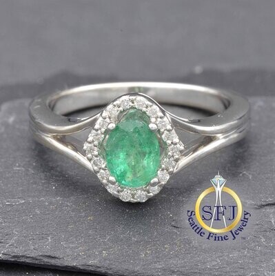 Emerald and Diamond Halo Ring, Solid 14K White Gold