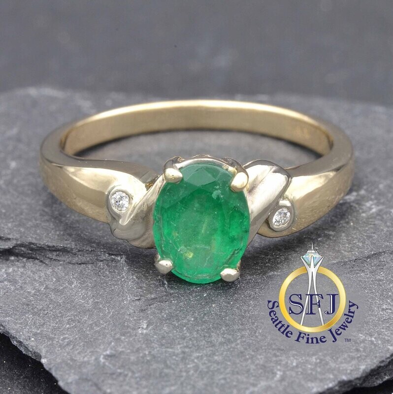 Emerald and Diamond Ring, Solid 14K Yellow Gold