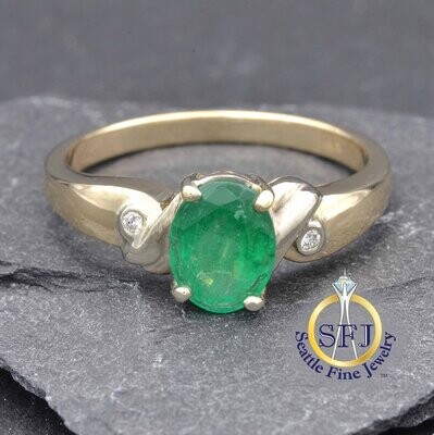 Oval Emerald and Diamond Ring, Solid 14K Yellow Gold