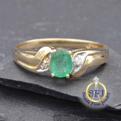 Oval Emerald and Diamond Bypass Ring, Solid 14K Yellow Gold