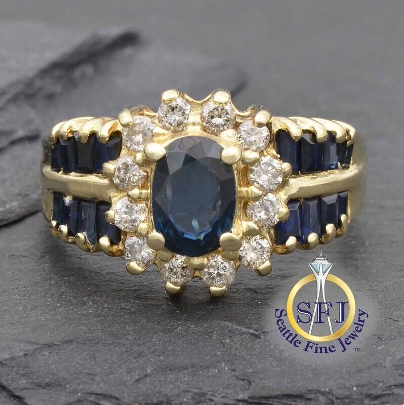Sapphire and Diamond Halo Ring, Solid 14K Yellow Gold