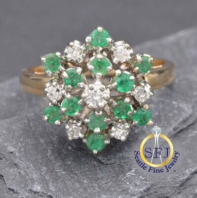 Emerald and Diamond Cluster Thai Princess Ring, Solid 14K Yellow Gold