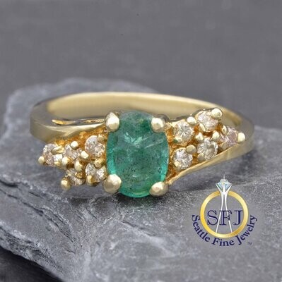 Emerald and Diamond Ring, Solid 14K Yellow Gold