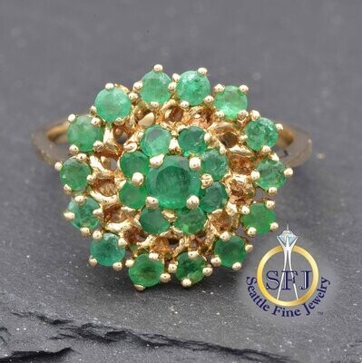 Emerald Cluster Halo Ring, Solid 14K Yellow Gold