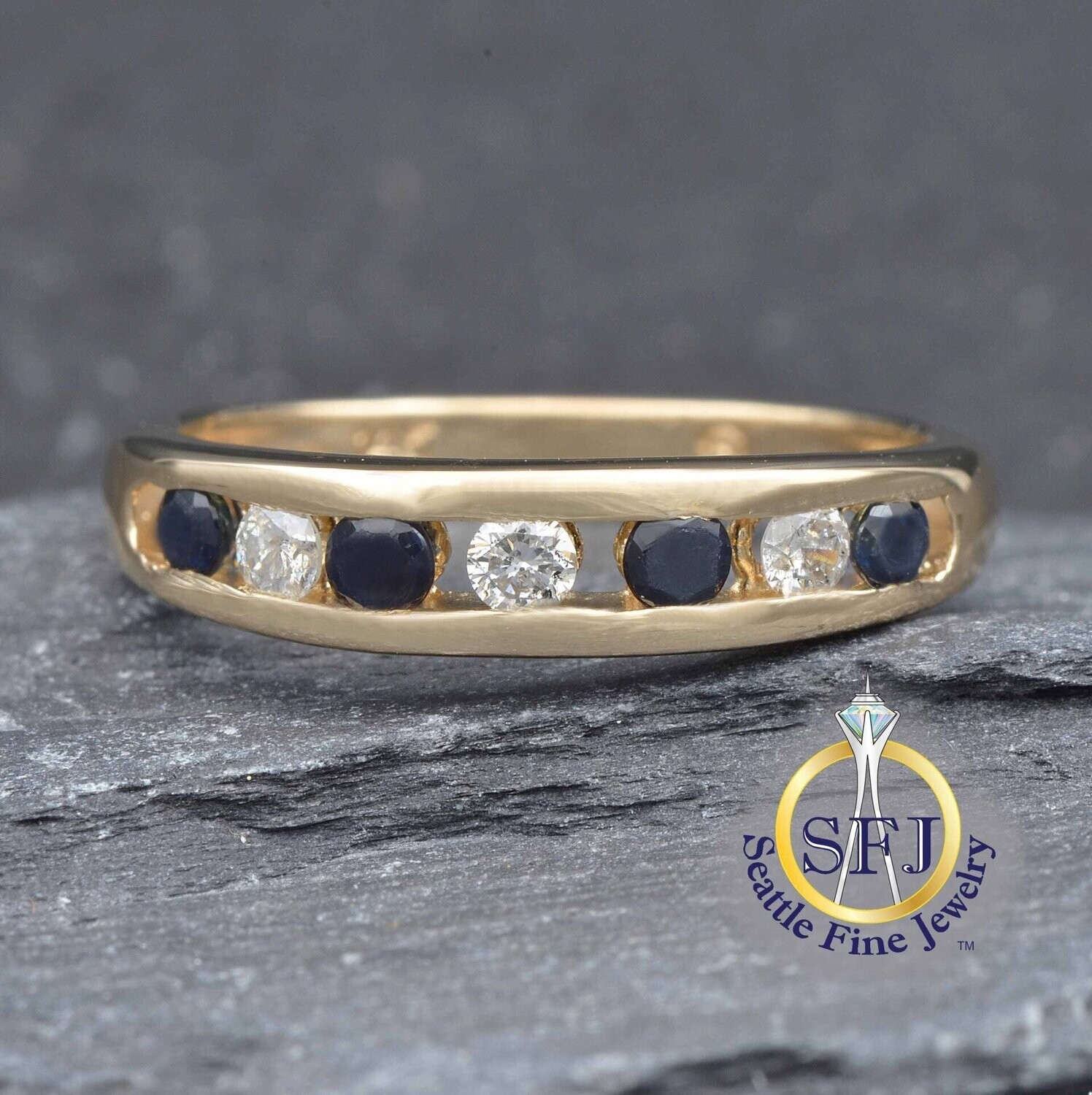 Sapphire and Diamond Band Ring, Solid 14K Yellow Gold