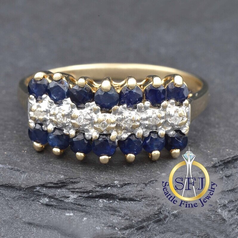 Sapphire and Diamond Triple-Row Ring, Solid 10K Yellow Gold