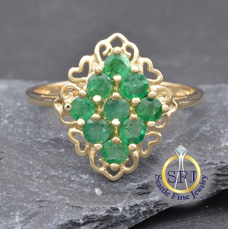 Emerald Marquise Cluster Filigree Ring, Solid 10K Yellow Gold