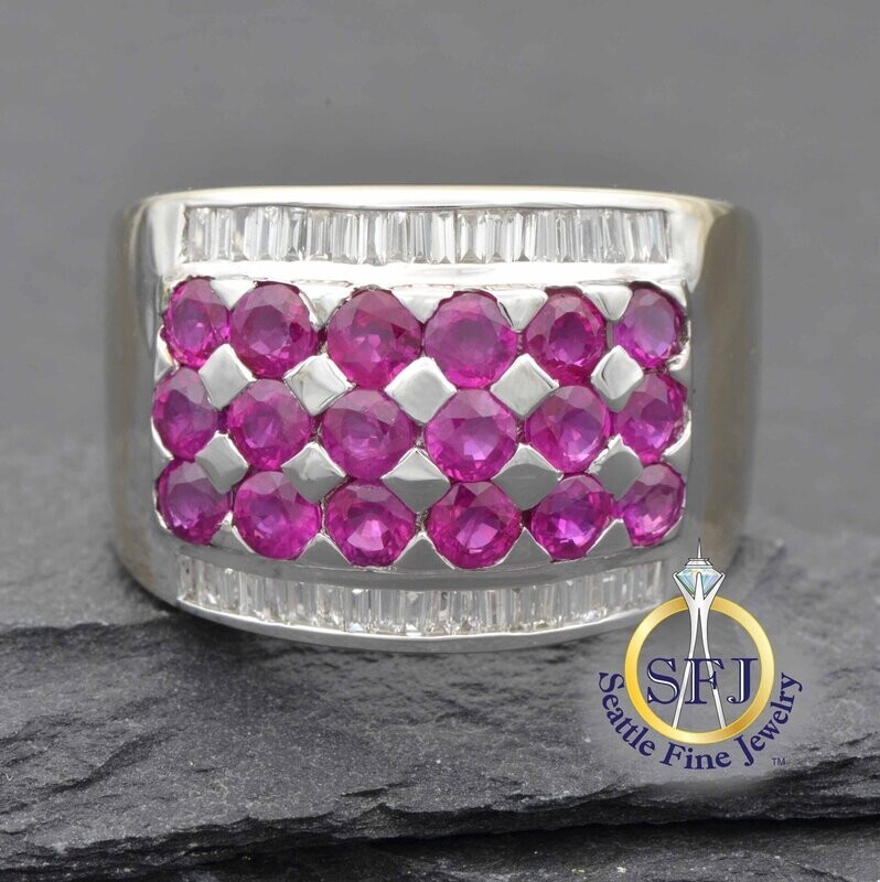 Ruby Triple-Row and Diamond Wide Band Ring, Solid 18K White Gold