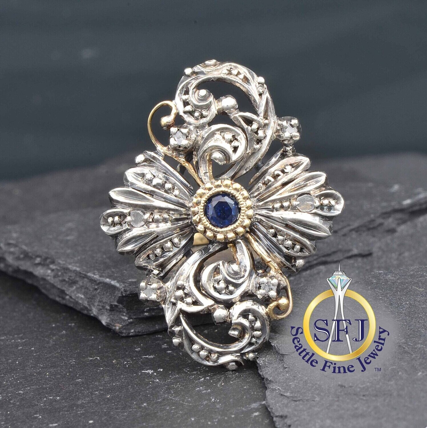 Antique Georgian Sapphire and Diamond Ring 22K Solid Gold and Sterling Silver