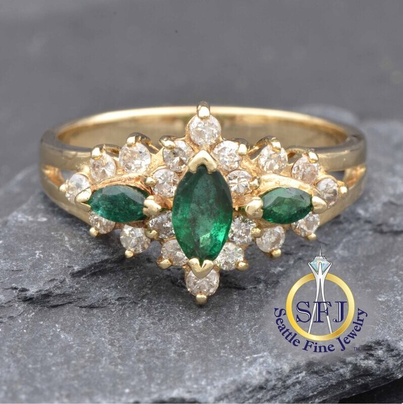 Marquise Emerald and Diamond Halo Ring, Solid 14K Yellow Gold