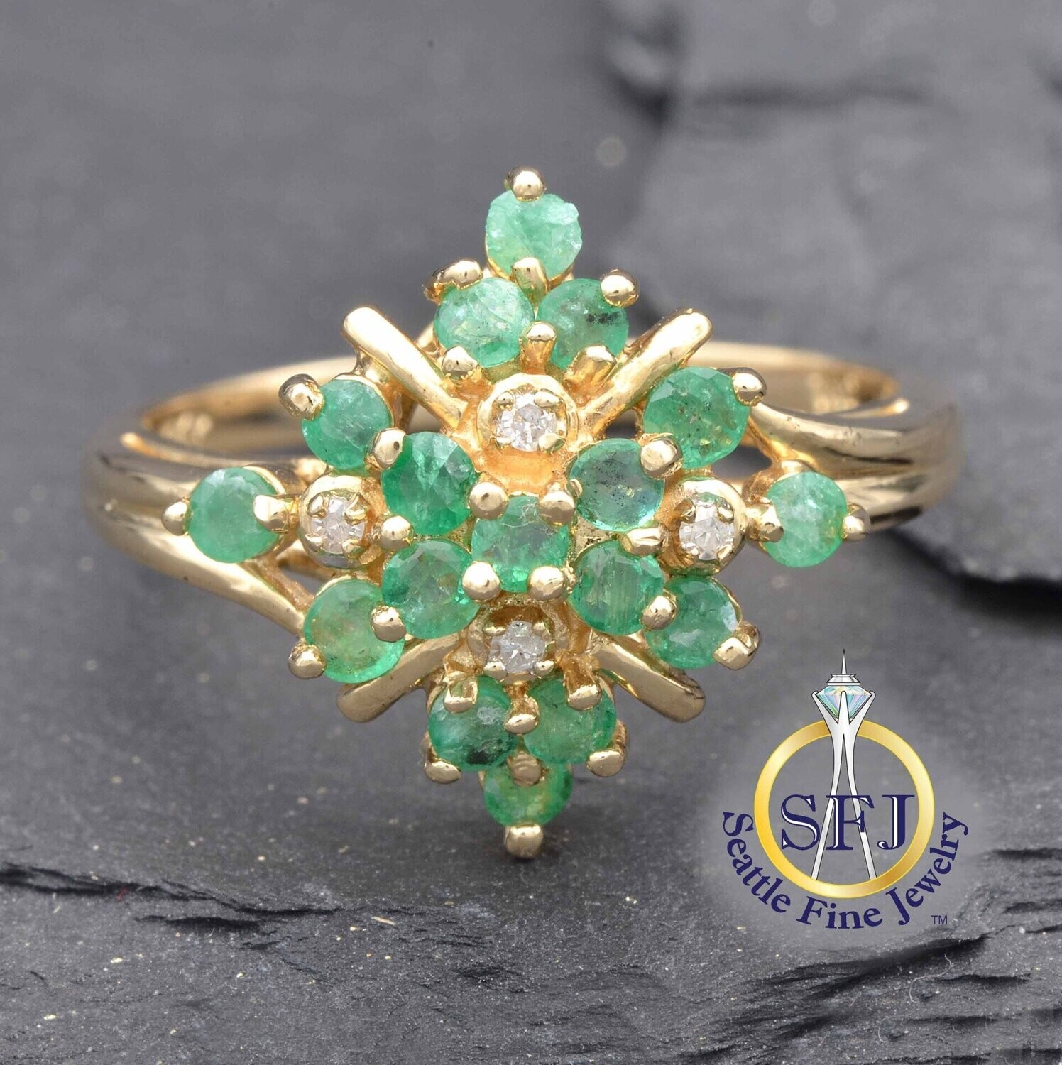Emerald and Diamond Cluster Ring 14K Solid Yellow Gold