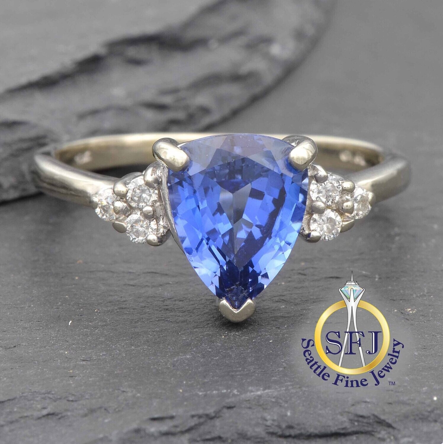 Pear Cut Sapphire and Diamond Ring 10K Solid White Gold