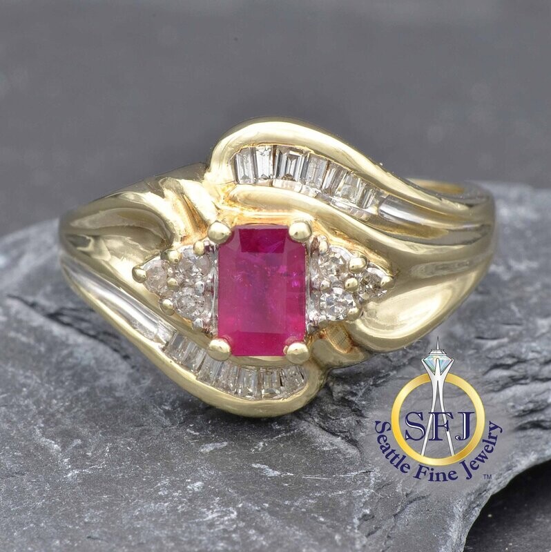 Ruby and Diamond Bypass Ring, Solid 10K Yellow Gold