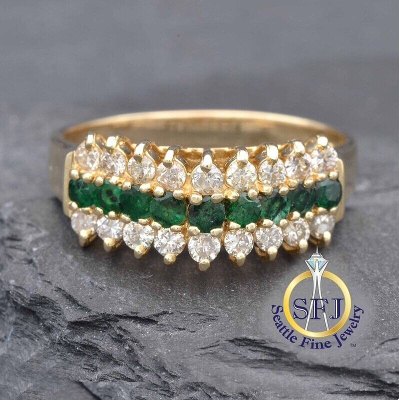 Emerald and Diamond Triple-Row Ring, Solid 14K Yellow Gold