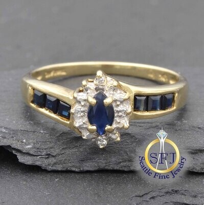 Sapphire and Diamond Halo Ring 10K Solid Yellow Gold