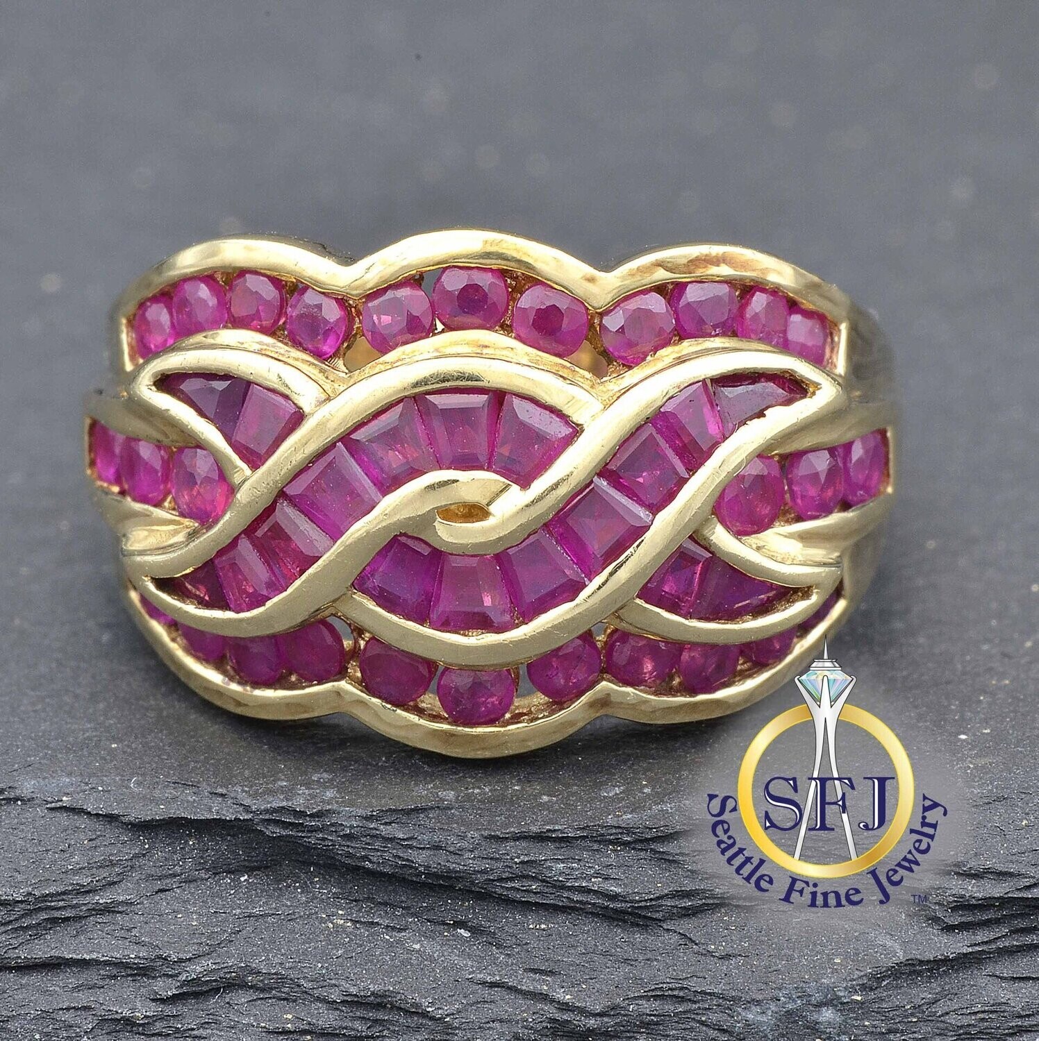 Ruby Braided Row Ring, Solid 10K Yellow Gold