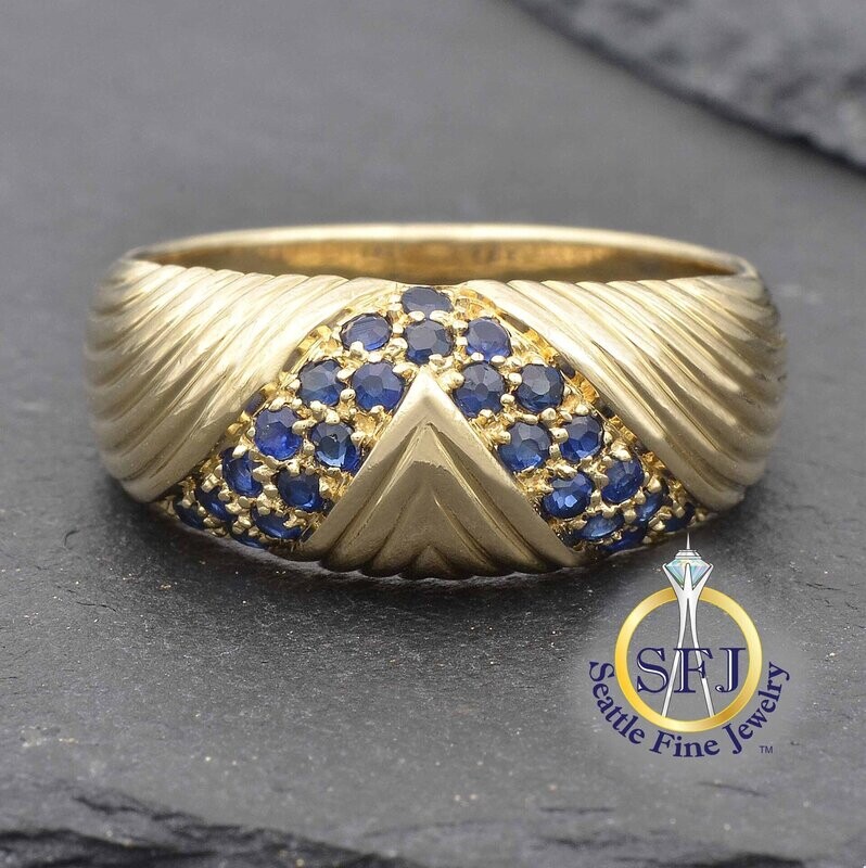 Sapphire Chevron Pattern Band Ring, Solid 14K Yellow Gold