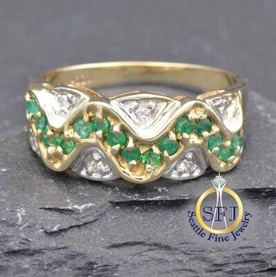 Emerald and Diamond Ring 10K Solid Yellow Gold