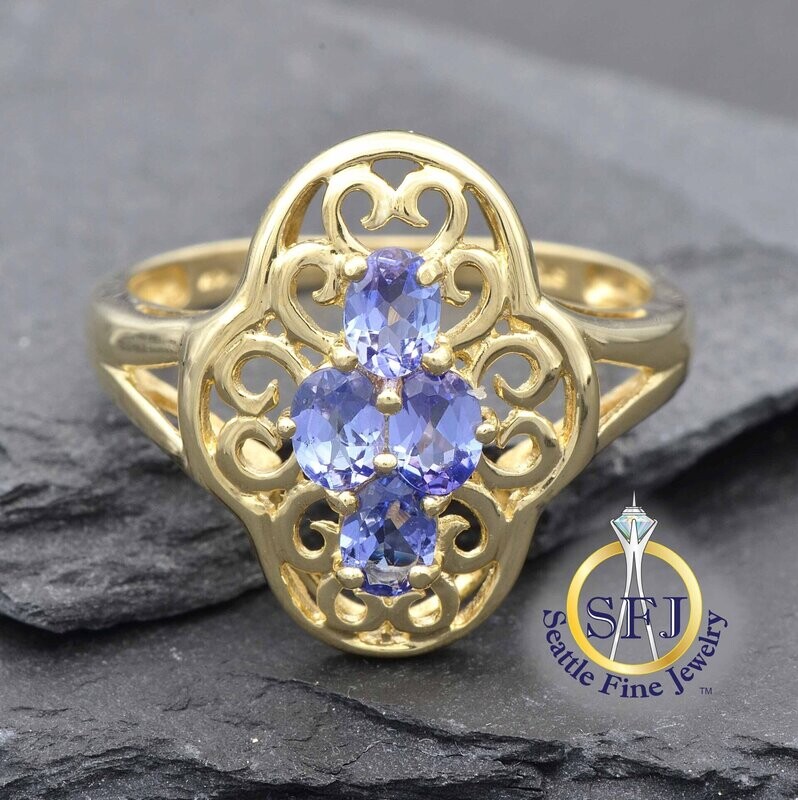 Tanzanite Cluster Clover Filigree Ring, Solid 14K Yellow Gold