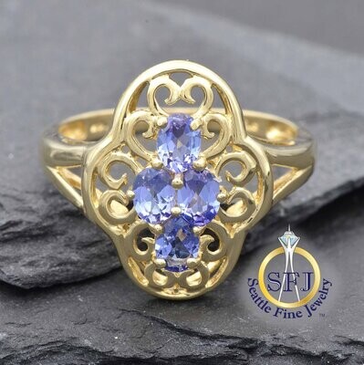 Tanzanite Cluster Ring 14K Solid Yellow Gold