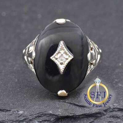 Early 1900's Onyx and Diamond Ring, 14K Solid White Gold